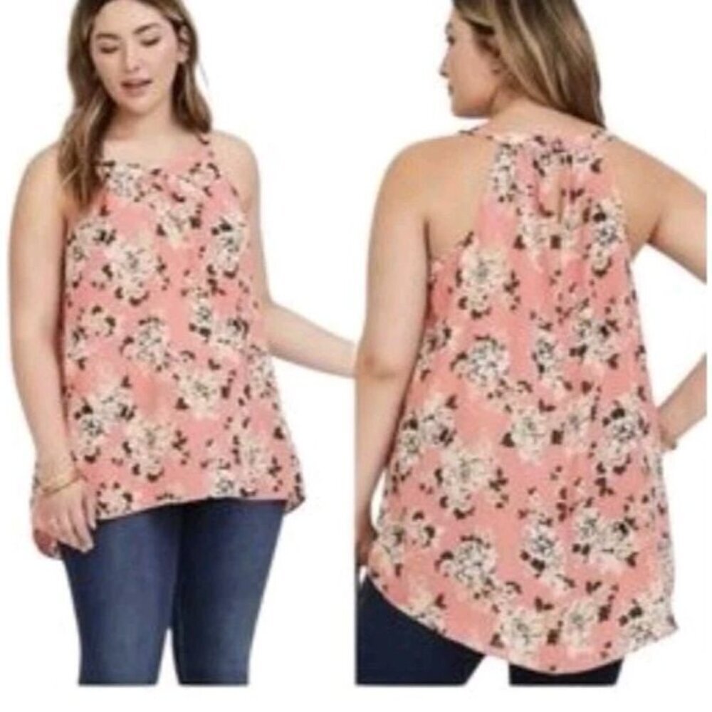 Torrid Coral Pink Floral Georgette High Neck Sleeveless HiLo Tank top Plus sz 1